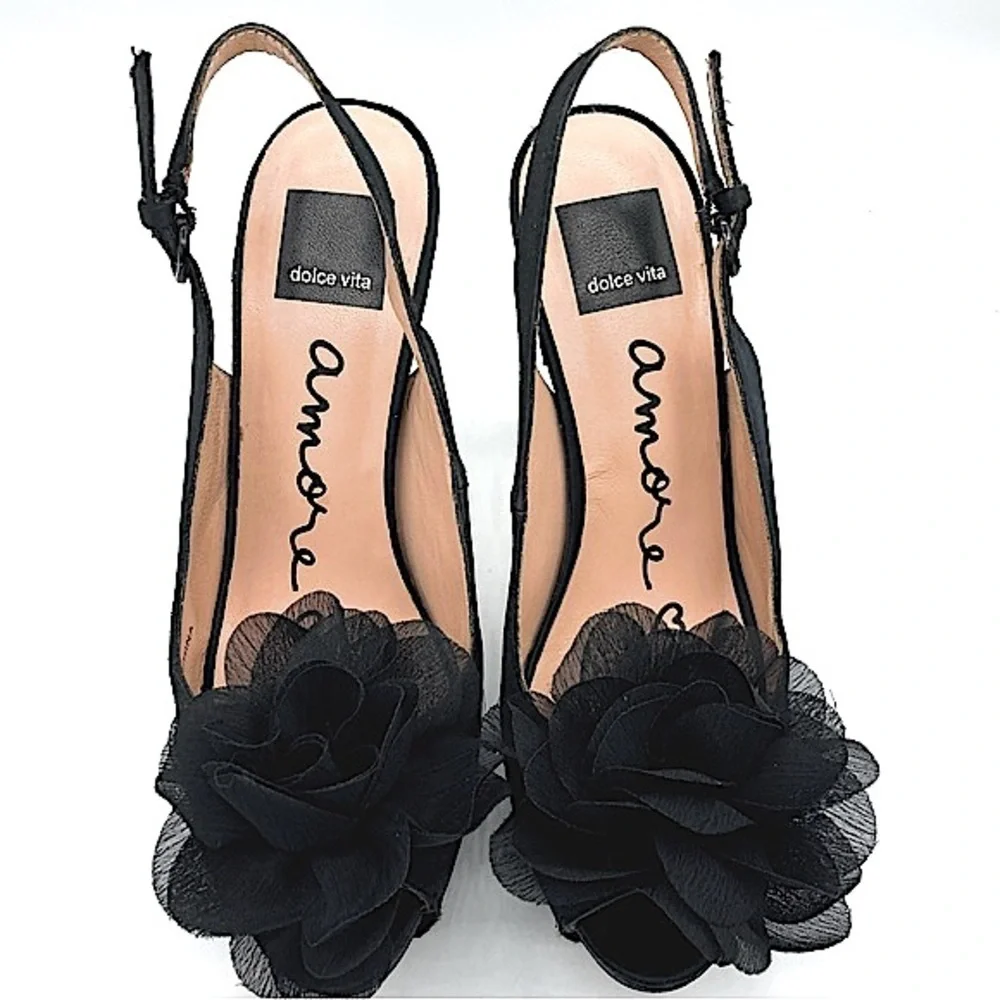Dolce Vita “Bess” Black Platform Heels with Sheer Petals Embellishment, size 8.5